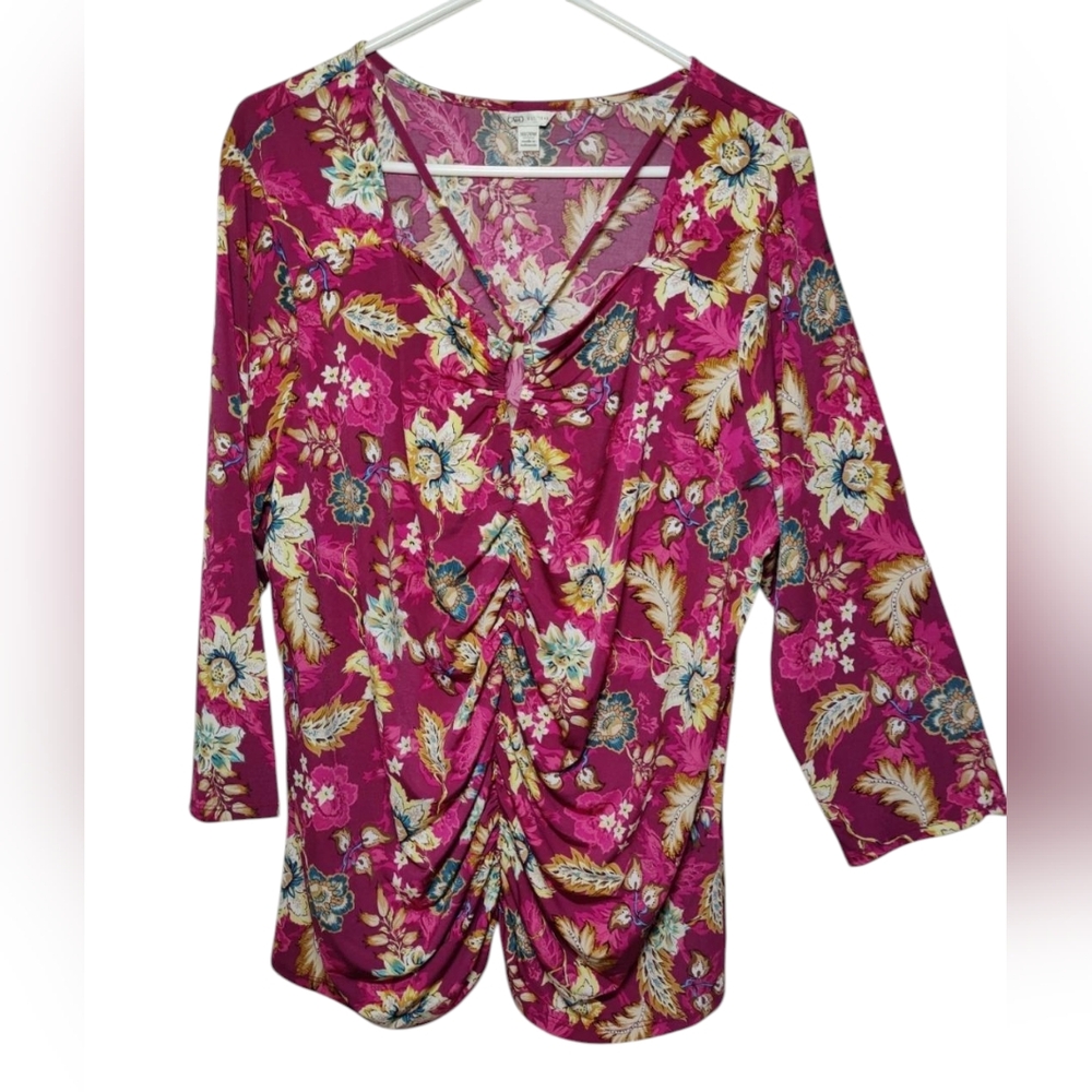 Cato Fuschia Pink Floral 3/4-Sleeve Stretch Blouse‎ W Front Ruching 18/20W